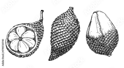 Salak - tropical plant sketches set. Snake fruit hand drawn vector illustration. Exotic food drawing. NOT AI generated