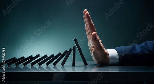 Hand stopping domino effect in a line, symbolizing risk management, prevention, intervention, control, and protection on dark teal background