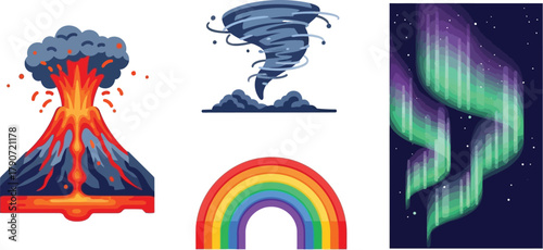Collection of diverse natural phenomena: volcano, tornado, rainbow, and aurora borealis