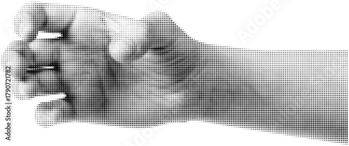 Black and white halftone illustration of a clenched hand. Pop art minimal style expressing strength, determination, emotion, and action.