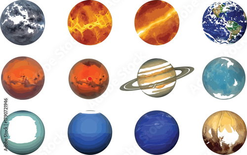 A vibrant collection of planets and celestial bodies in outer space, showcasing diverse textures and colors.