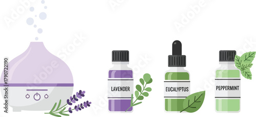 Aromatherapy diffuser with essential oils for relaxation and well-being.