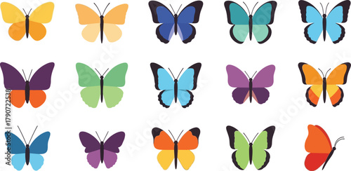 Collection of colorful, stylized butterflies in various bright hues and patterns
