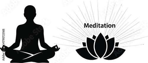 Silhouette of person meditating with a lotus flower and radiating light, symbolizing peace and mindfulness.