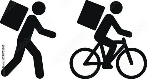 Flat Design Delivery Vector Walking and Cycling Courier Silhouettes on White Background