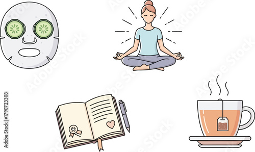 Serene self-care routine with meditation, journaling, and a soothing tea.