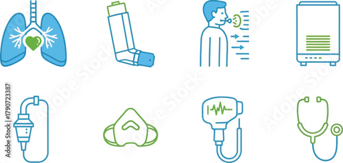 Medical icons representing respiratory health and diagnostics, including lungs, inhaler, mask, and stethoscope.