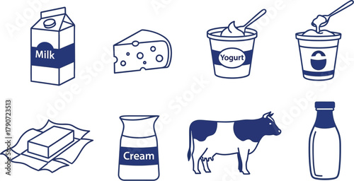 Collection of delicious dairy products and a cow illustration