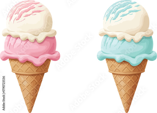 Two delicious ice cream cones, one pink and one blue, on a white background