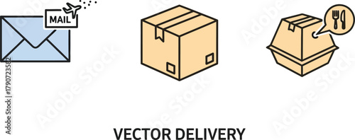 Icons representing mail, package, and food delivery services on a clean background.