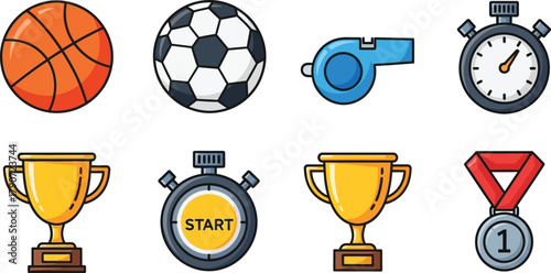 Collection of sports equipment and awards, symbolizing competition and achievement