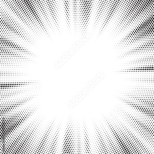 Abstract halftone sunburst background. Pop art comic book strip cover design. Explosion, isolated retro style comics radial background.