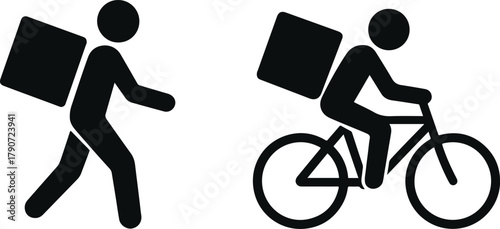 Flat Design Delivery Vector Walking and Cycling Courier Silhouettes on White Background
