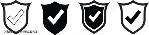 Security protection icons vector set with shield lock and check mark design in black and white outline style for privacy data safety and antivirus illustration concept