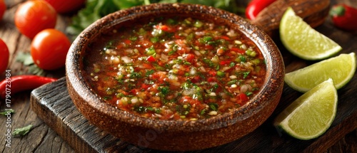 Fototapeta Naklejka Na Ścianę i Meble -  Fresh Chimichurri Sauce in Rustic Bowl Close Up Overhead View on Wooden Board with Lime and Tomatoes Authentic Latin American Cuisine