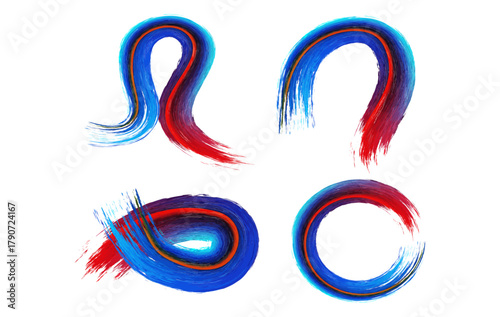 Creative abstract set of red and blue acrylic brush stroke loops and curved shapes isolated on a clean white background. Ideal for use in digital art, posters, graphic design, advertising