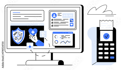 Desktop screen displays health services, insurance, reports, and a secure online payment terminal. Ideal for healthcare, technology, security, finance, insurance data management digitalization