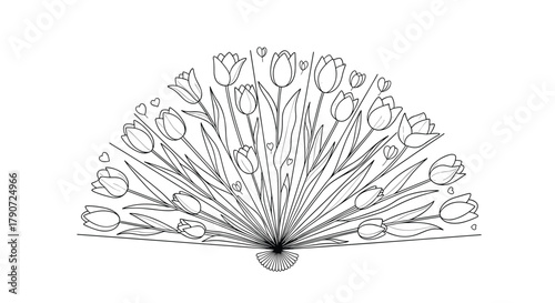 An intricate black and white illustration of a decorative fan with ornate patterns spreading outwards from a central base.