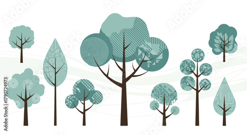 Illustrations of various stylized winter trees with patterned foliage in muted colors.
