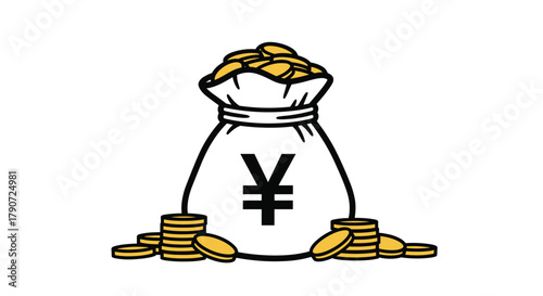 A money bag filled with coins and a yen symbol on it, surrounded by scattered gold coins.