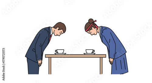 Business people bowing to each other in a formal meeting over a table.