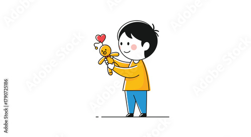 A young boy is happily holding a small teddy bear with a heart above its head.