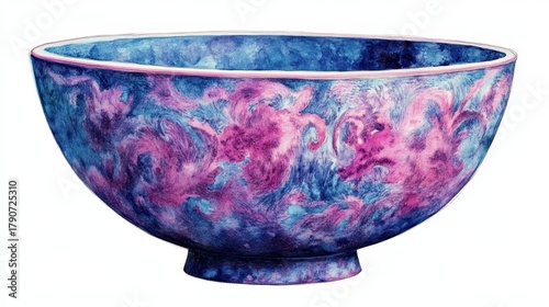 A Decorative Blue and Purple Ceramic Bowl on White Background