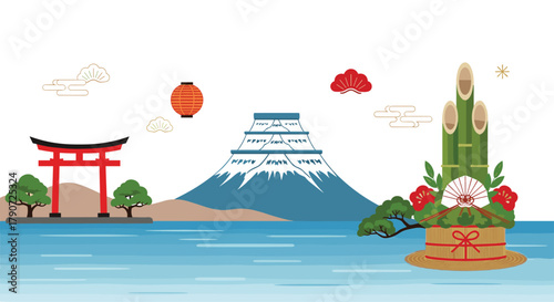 Traditional Japanese new year decoration with iconic landmarks in pixel art style.