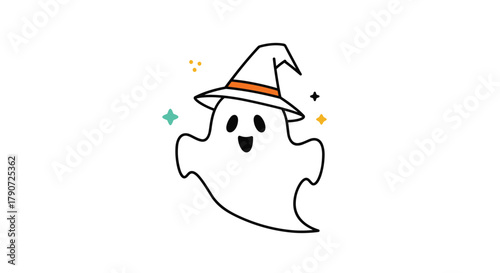 A cute ghost wearing a witch's hat and sparkling with magic on Halloween.