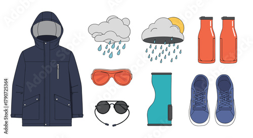 Outdoor apparel and gear for varying weather conditions including rain and snow protection.