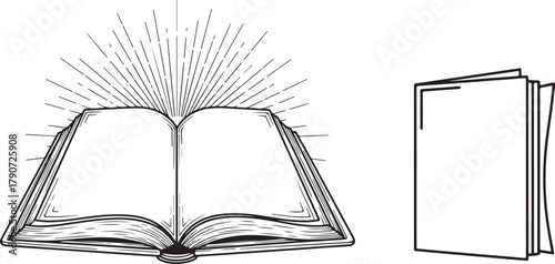 Open books with sunburst and closed book illustrations