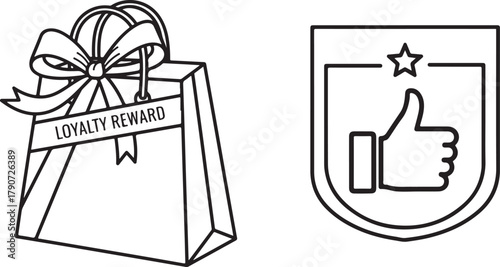 Loyalty Reward Shopping Bag and Approval Symbol Line Art