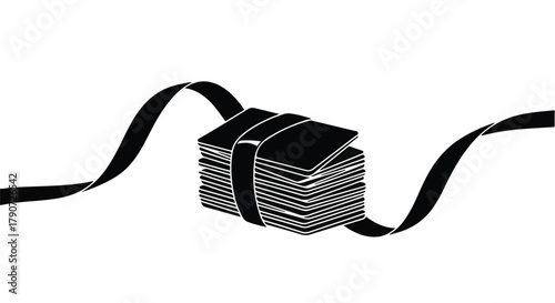 Stack of bills tied with a black ribbon, symbolizing financial success or a gift of money.