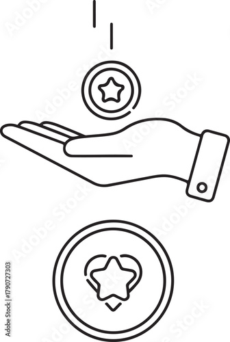 Coin Donation Icon: Hand Receiving Star Coin Outline Style