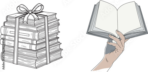 Illustrated Stack of Books with Bow and Hand Holding Open Book