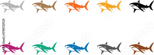 Colorful shark icons in rows ocean design, Multicolor shark vector collection for aquatic art