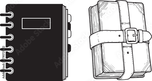 Monochrome Vector Notebook Icon and Hand-drawn Vintage Book with Belt