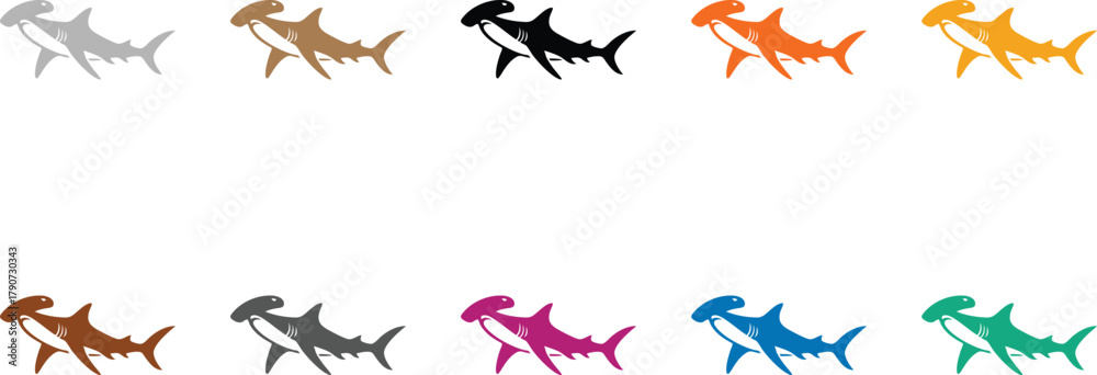 Fototapeta premium Hammerhead shark icons in different colors, Colorful hammerhead shark silhouettes ocean wildlife