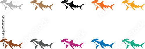 Hammerhead shark icons in different colors, Colorful hammerhead shark silhouettes ocean wildlife
