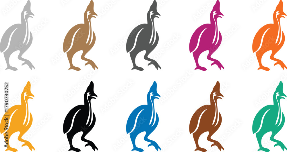 Obraz premium Cassowary bird silhouettes in various colors, Colorful cassowary bird illustration wildlife art