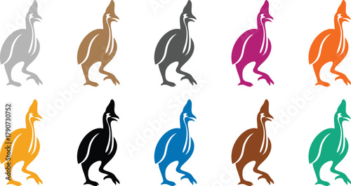 Cassowary bird silhouettes in various colors, Colorful cassowary bird illustration wildlife art