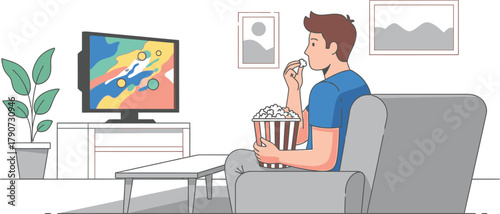 Simple vector illustration of man watching TV and eating popcorn, entertainment concept.