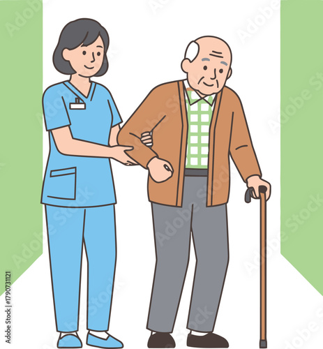 Simple vector illustration of nurse helping elderly man walk, healthcare assistance concept.