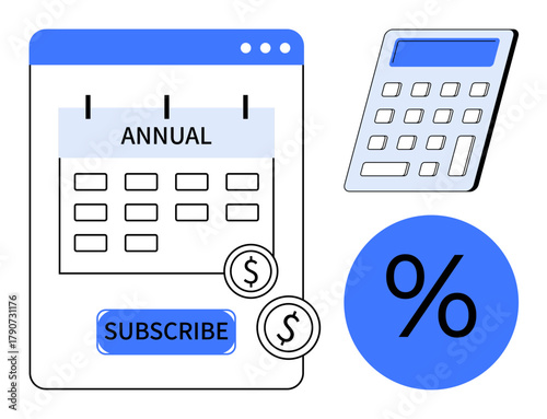 Annual calendar with subscribe button, calculator, dollar symbols, and percentage icon. Ideal for finance, budgeting, subscription plans, discounts, economic analysis e-commerce pricing models