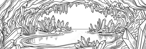 Mysterious cavern interior featuring shimmering crystals, hanging stalactites, and a small reflective body of water illuminated by natural cave light.