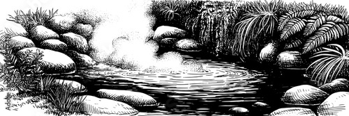 a steaming pond surrounded by rocks and lush vegetation, resembling a natural hot spring in a calm landscape.