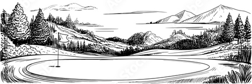 a golf course with a flag on the green, surrounded by trees, hills, and a scenic mountain backdrop.