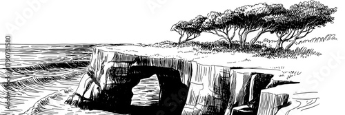 a rugged seaside cliff with a natural rock arch, waves below, and windswept trees along the shoreline.