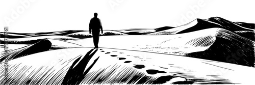 a solitary figure walking through wide desert dunes, leaving footprints behind and creating a mood of isolation and journey.