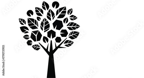 A stylized black tree with geometric and leaf-shaped elements in its canopy against a white background.